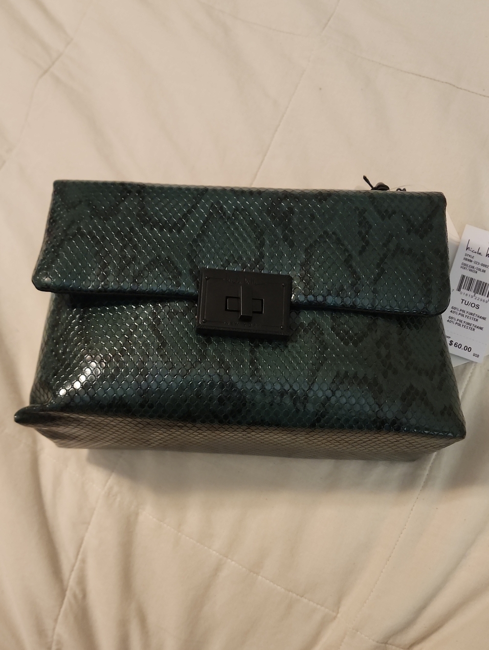 Nicole Miller NWT Green Snake-Embossed Turnkey Close Black Chain Crossbody Bag